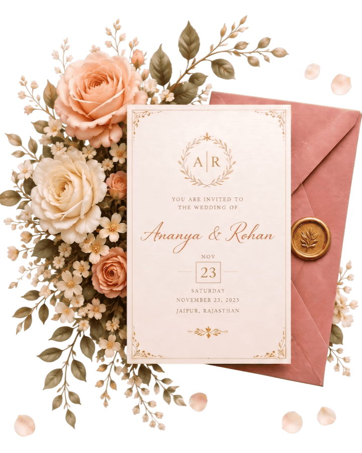 A wedding invitation card and envelope surrounded by roses